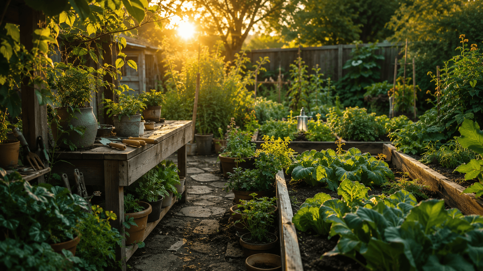 A home garden in golden morning light, with raised beds and a potting bench